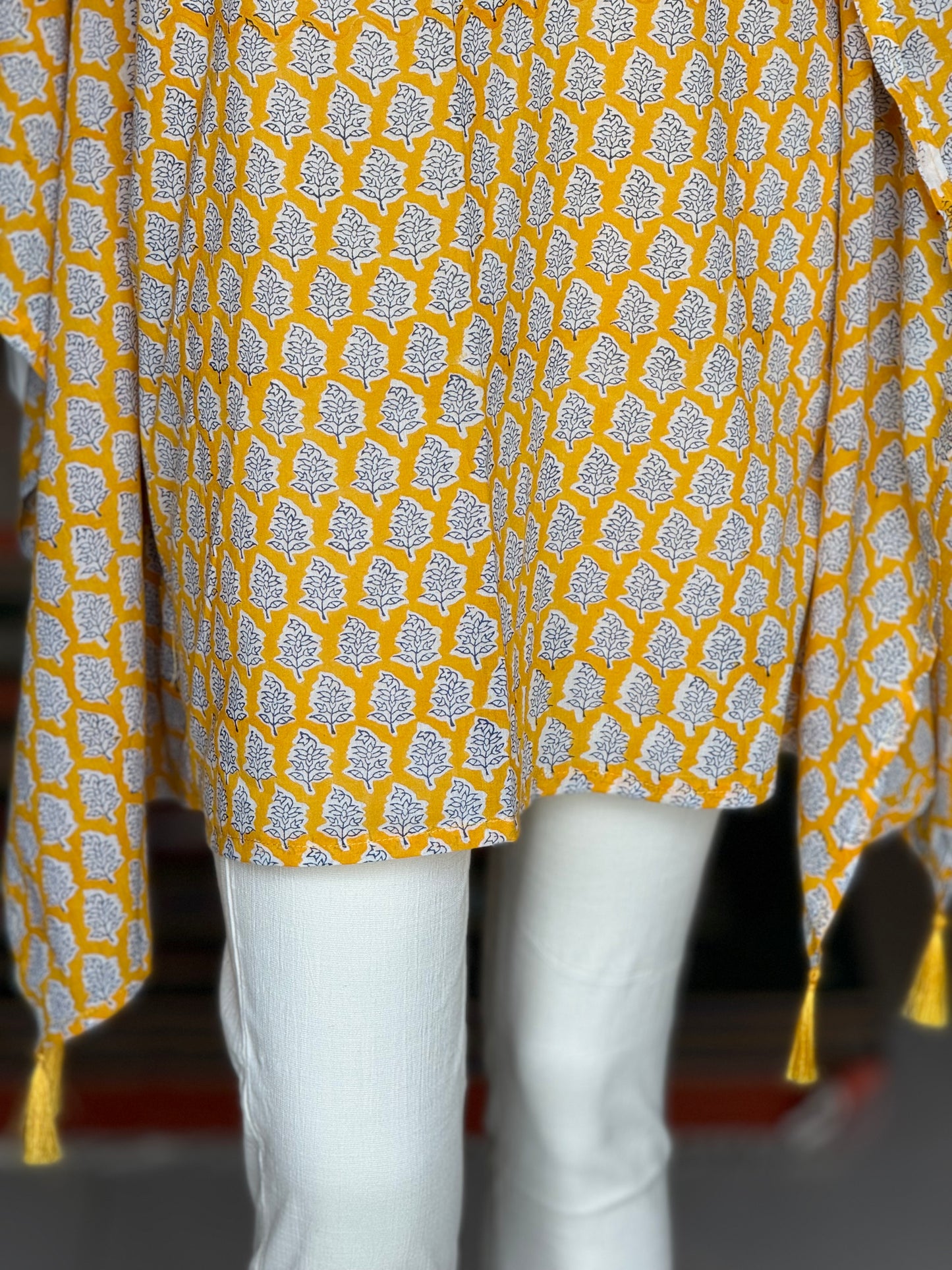 Yellow hand block printed cotton kaftan top / dress with tassles in the corners