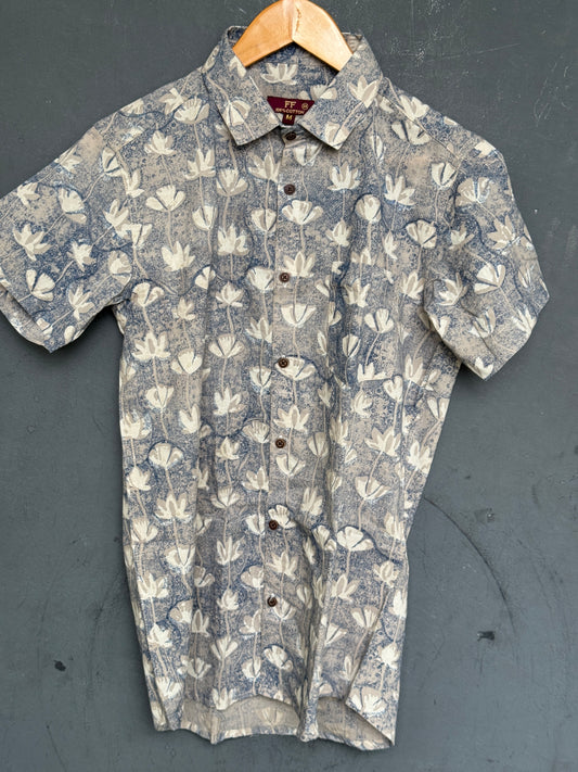 Bluish grey flowers print half sleeves mens hand block printed cotton shirt