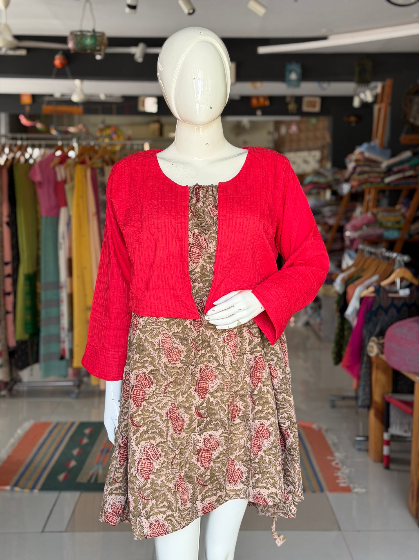 Olive green hand block printed silk cotton viral jalu skirt with pockets - free size with both sides draw string