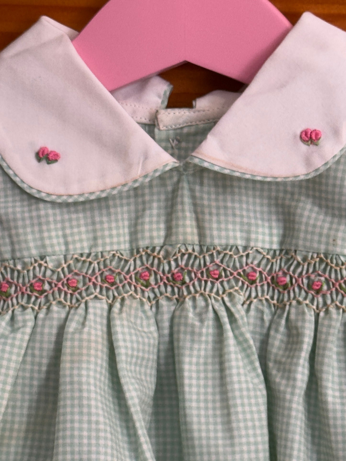 Green checks Peter Pan collared, smocking cotton baby frock with cute embroidery