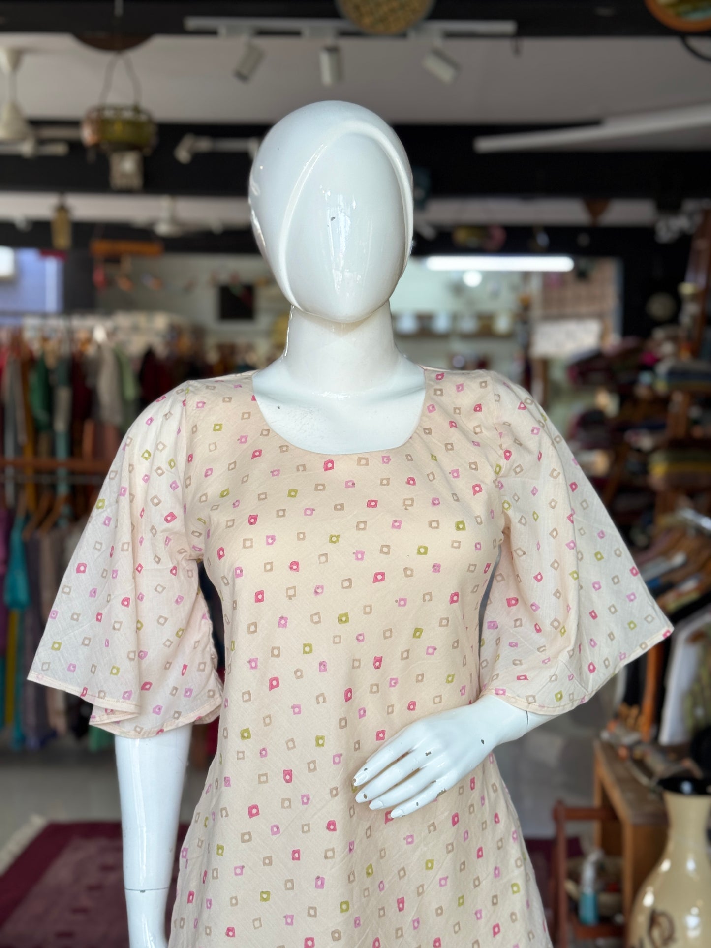 Cream diamond handblock print soft mul cotton layered umbrella dress with lining