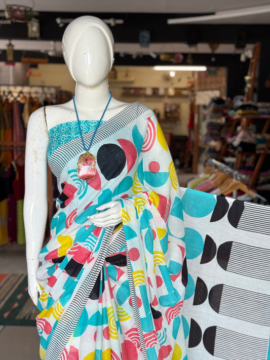 Colorful, vibrant, quirky prints soft cotton saree