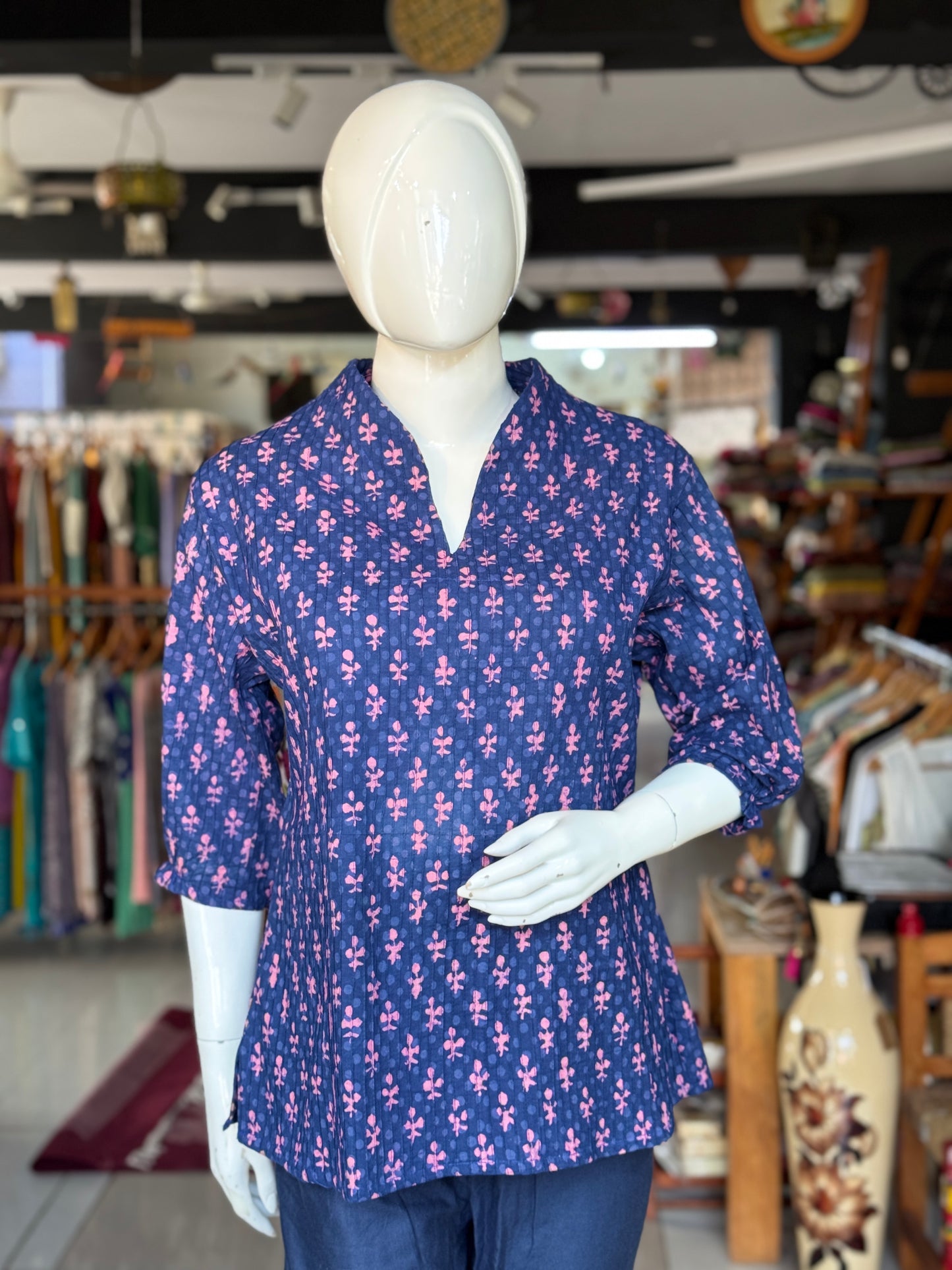 Violet with pink floral hand block prints pintucks cotton top with standing collar