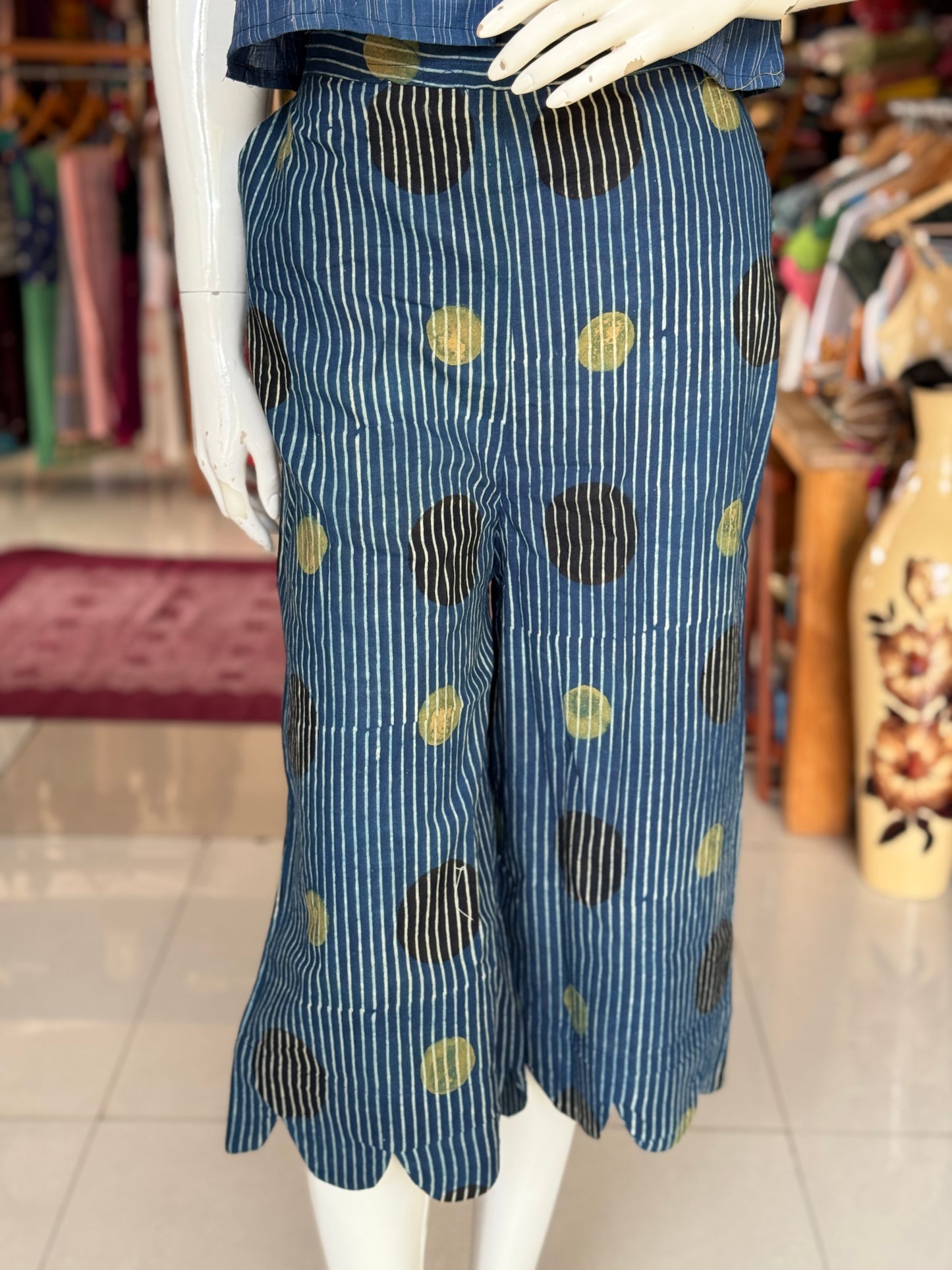 Indigo Ajrakh hand block printed cotton free sized cropped plazo pants with scallop border