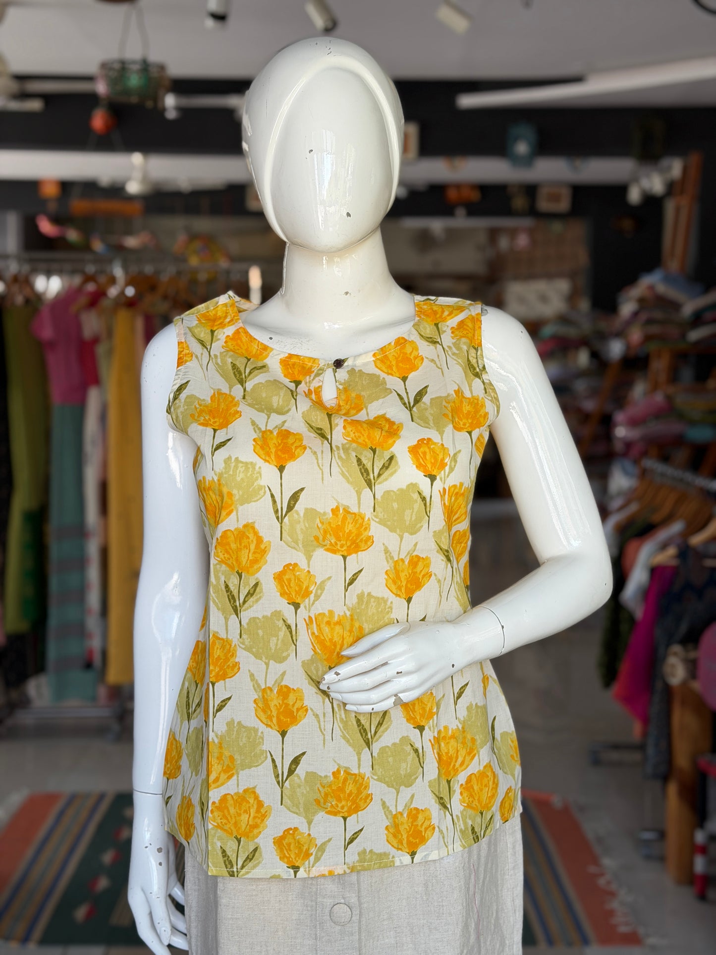 Cream and yellow cotton floral print sleeveless short top