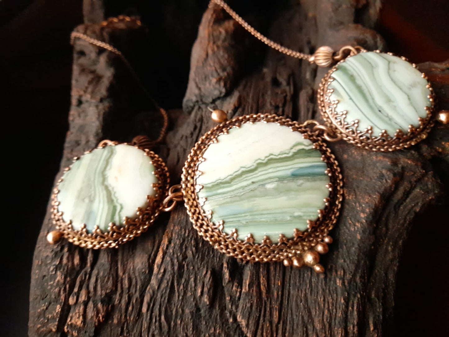 Rainbow jasper 3 stones copper handcrafted designer necklace