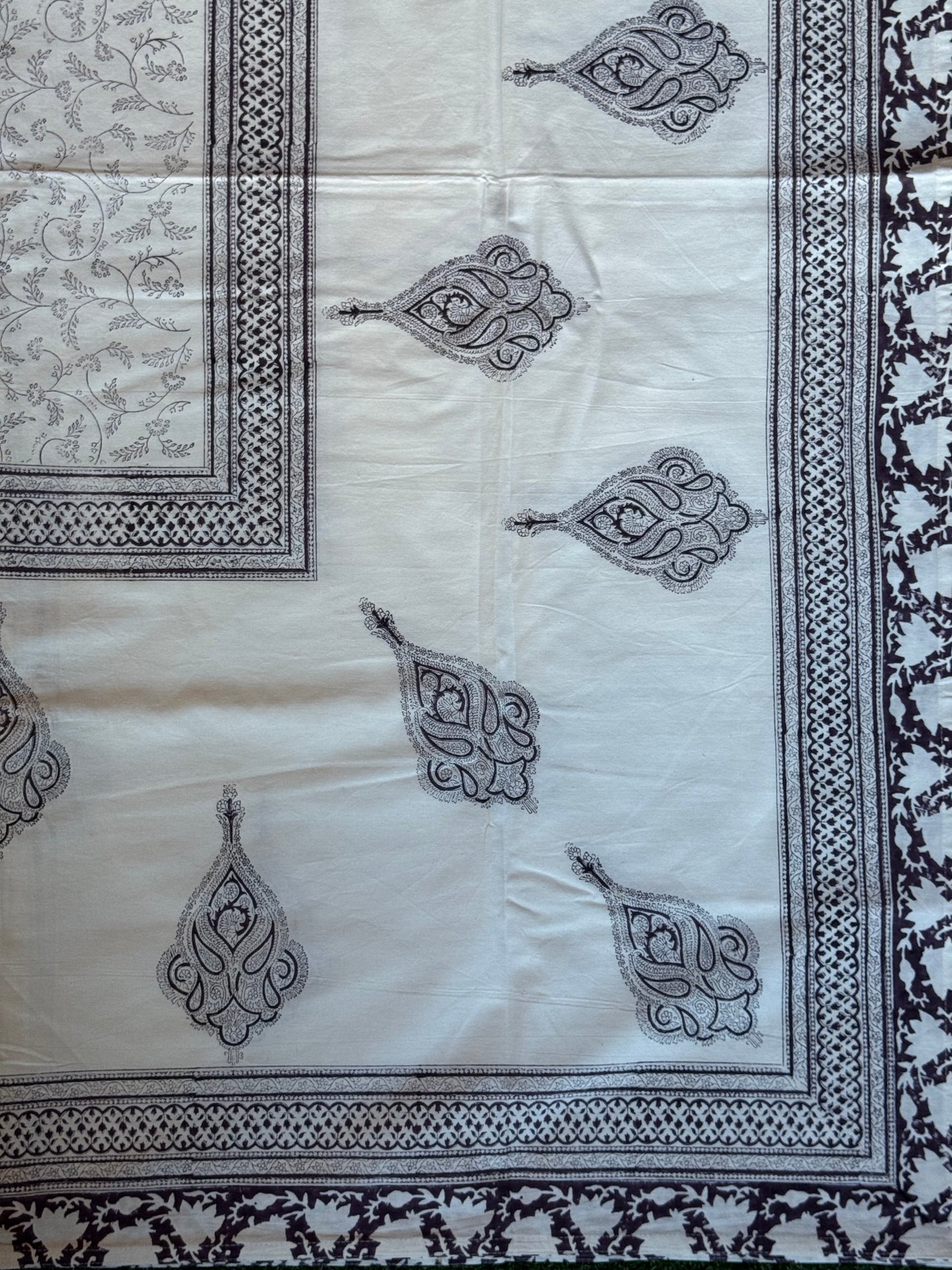 Violet floral print (brass hand block prints) on white base pure cotton super king size bedsheet