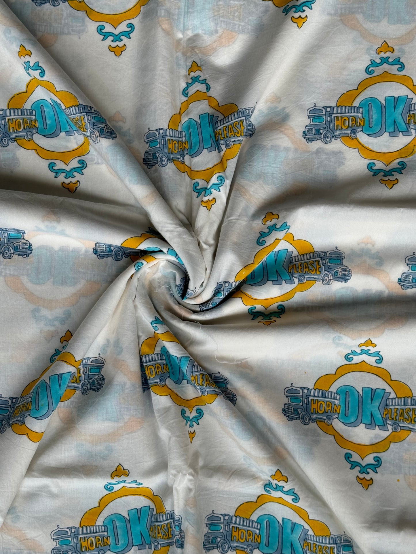 “Horn OK please” quirky hand block printed cotton fabric