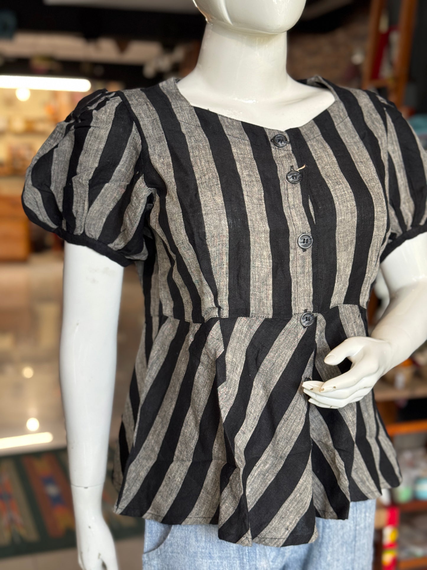 Black and grey stripes linen hand woven peplum top with puff sleeves