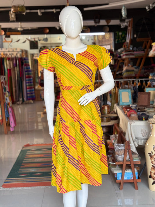 Yellow screen printed leheriya cotton dress