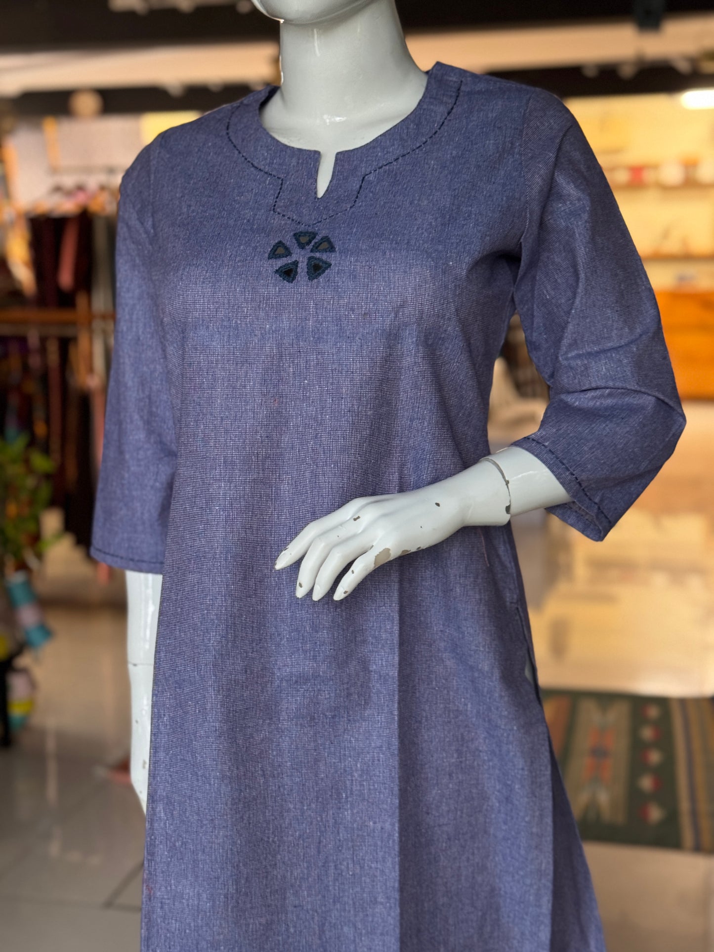 Freedom fabric kurti - Hand spun hand woven cotton kurti with mirror hand embroidery