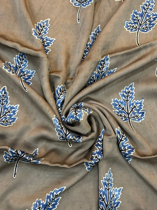 Olive green ajrakh hand block print on soft modal fabric - leaves design