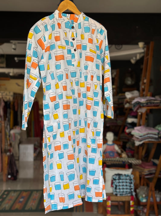 Colorful tumblers hand block print cotton long kurta for boys