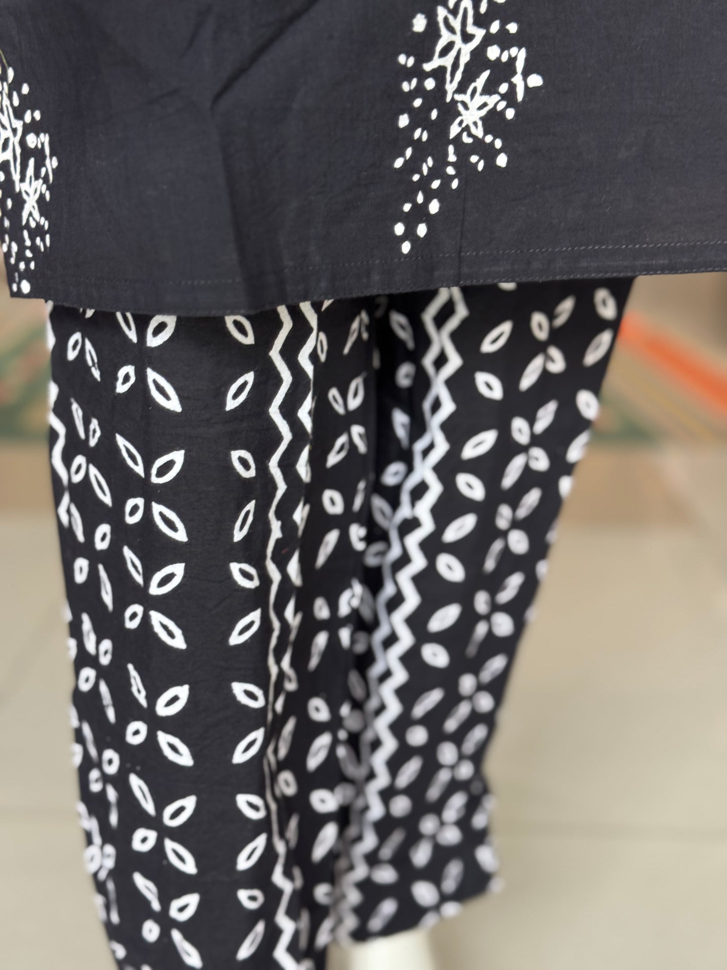 Black cotton 3 piece hand block printed set - straight kurti, pants and dupatta