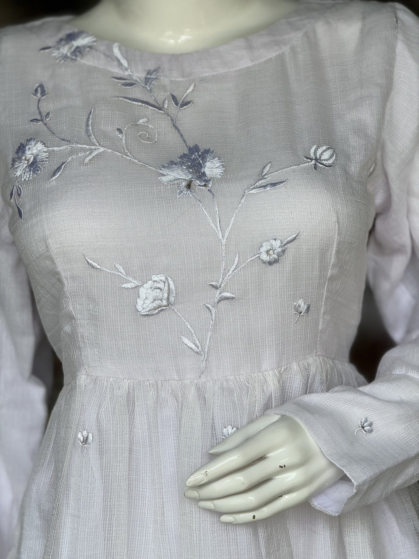 White kota cotton embroiderd dress with full sleeves