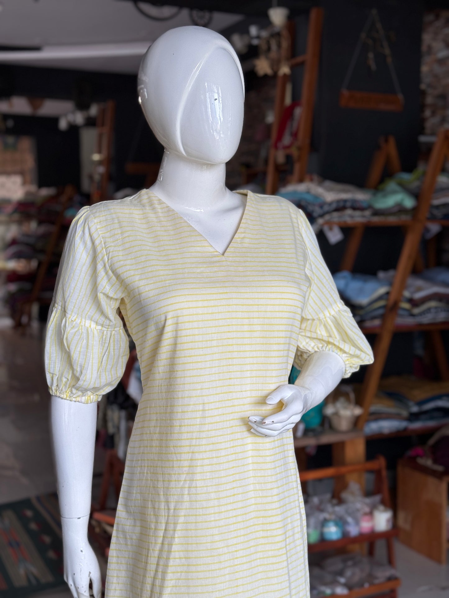 Off white and yellow stripes hand block printed soft cotton dress
