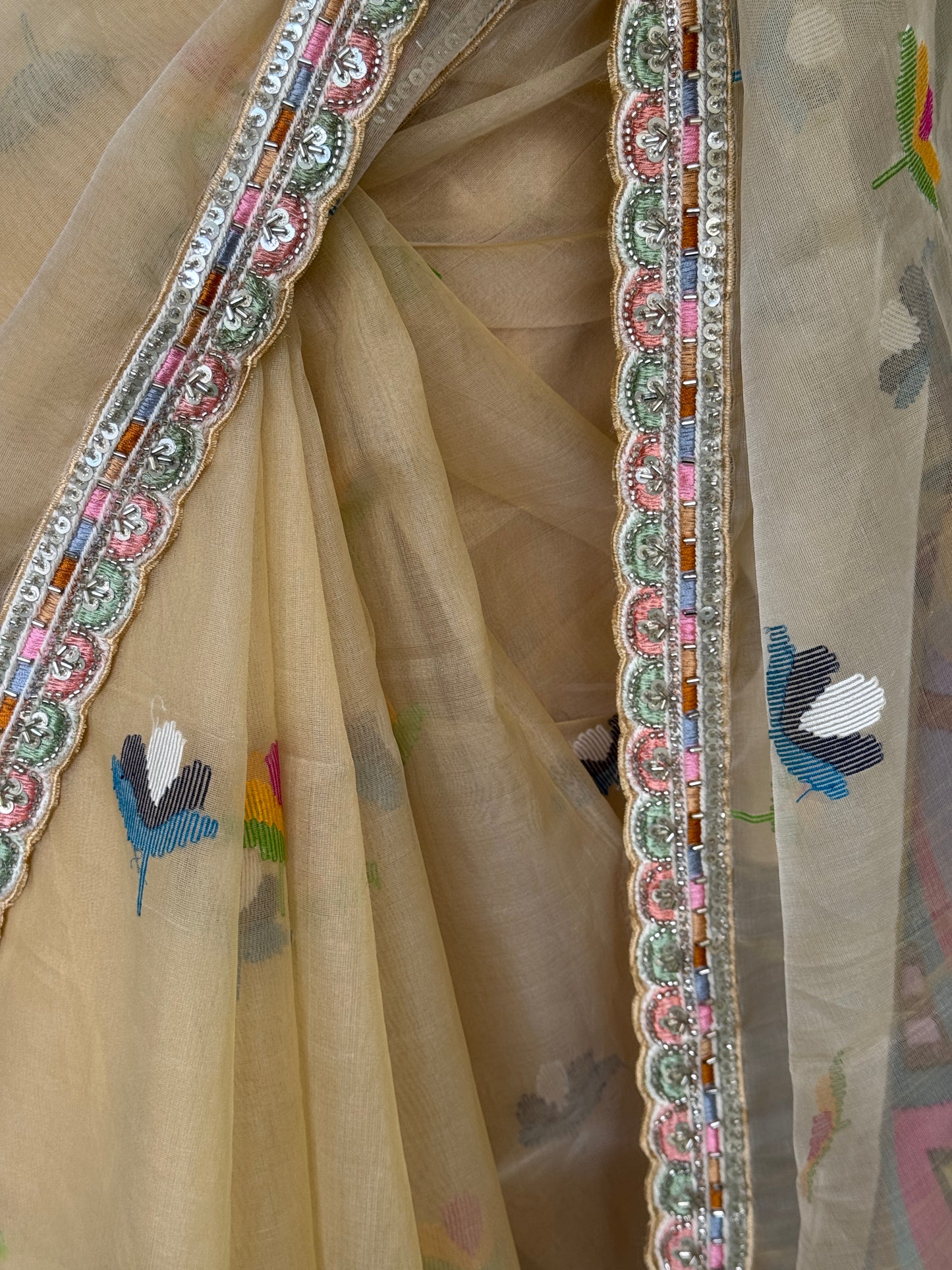 Wheat gold silk organza jamdani saree with hand embroidered beads work scallop lace - beautiful village theme pallu with huts, boats and trees