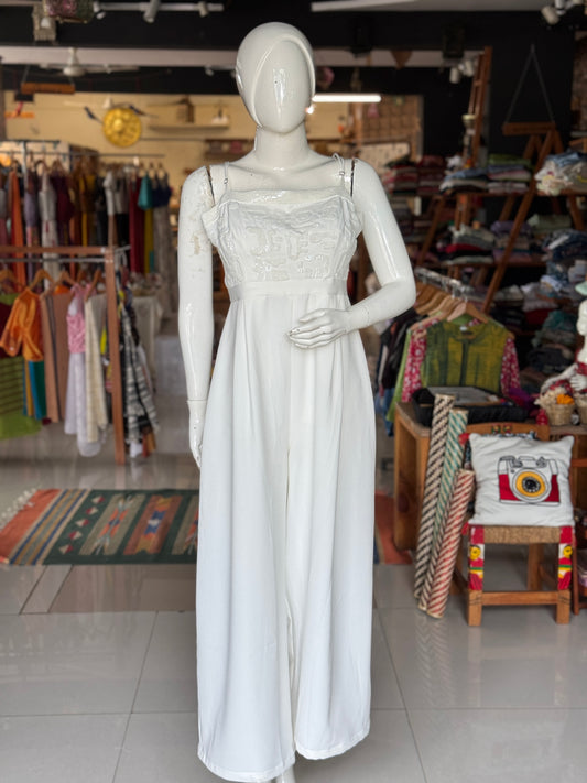 Crepe strappy jumpsuit with hand embellished yoke - color options available