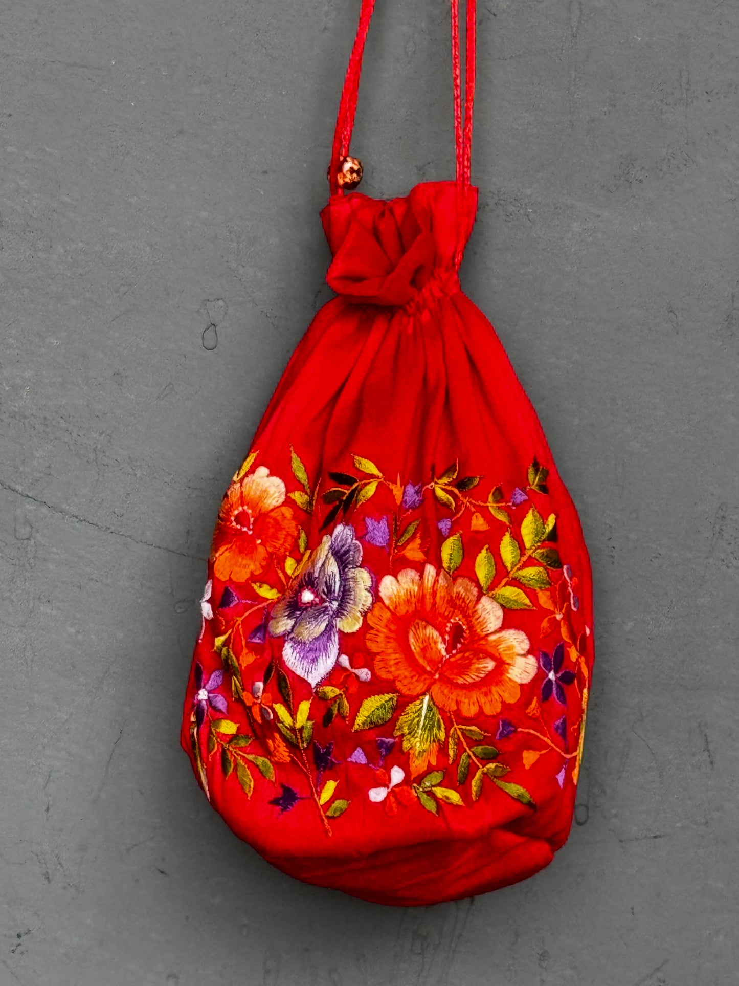 Round base potli 11 x 9 inches art silk with machine embroidery