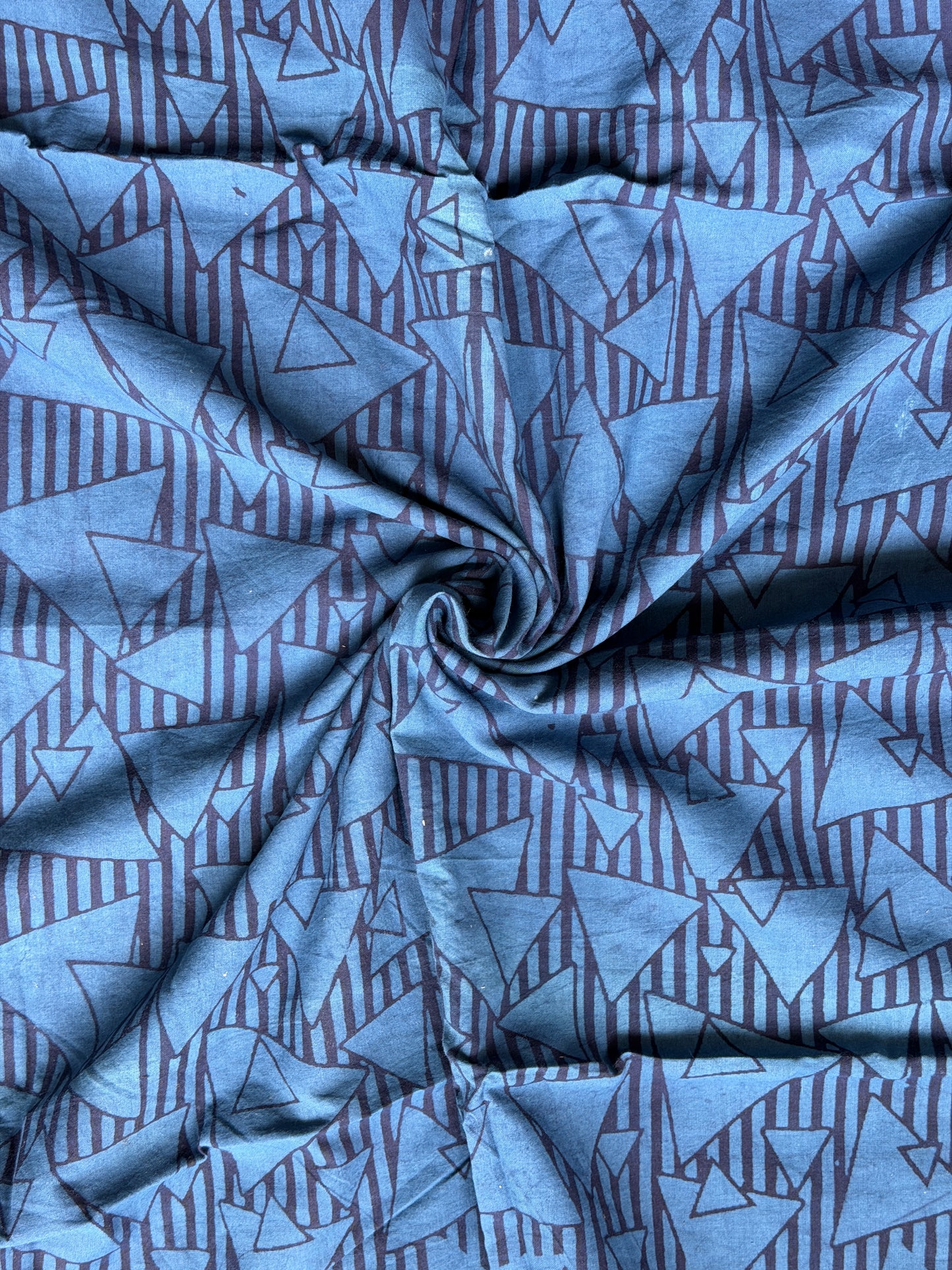 Blue triangles and stripes hand block pointed cotton fabric