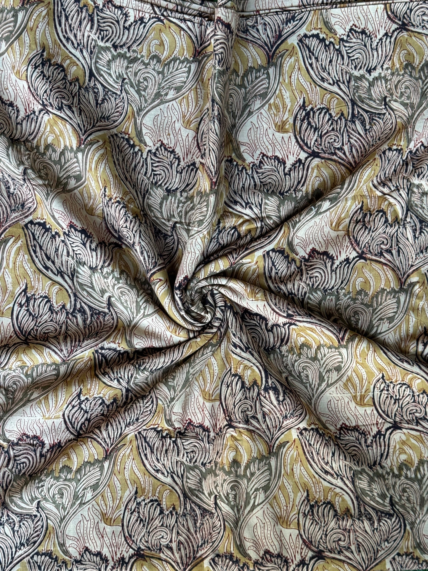 Green, black, beige wild flowers pattern hand block printed natural dyed Kalamkari cotton fabric
