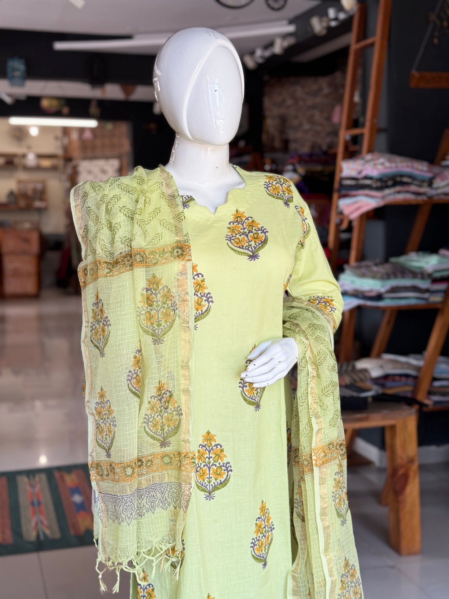 Light green hand block printed cotton 3 piece suit set with kota doria dupatta
