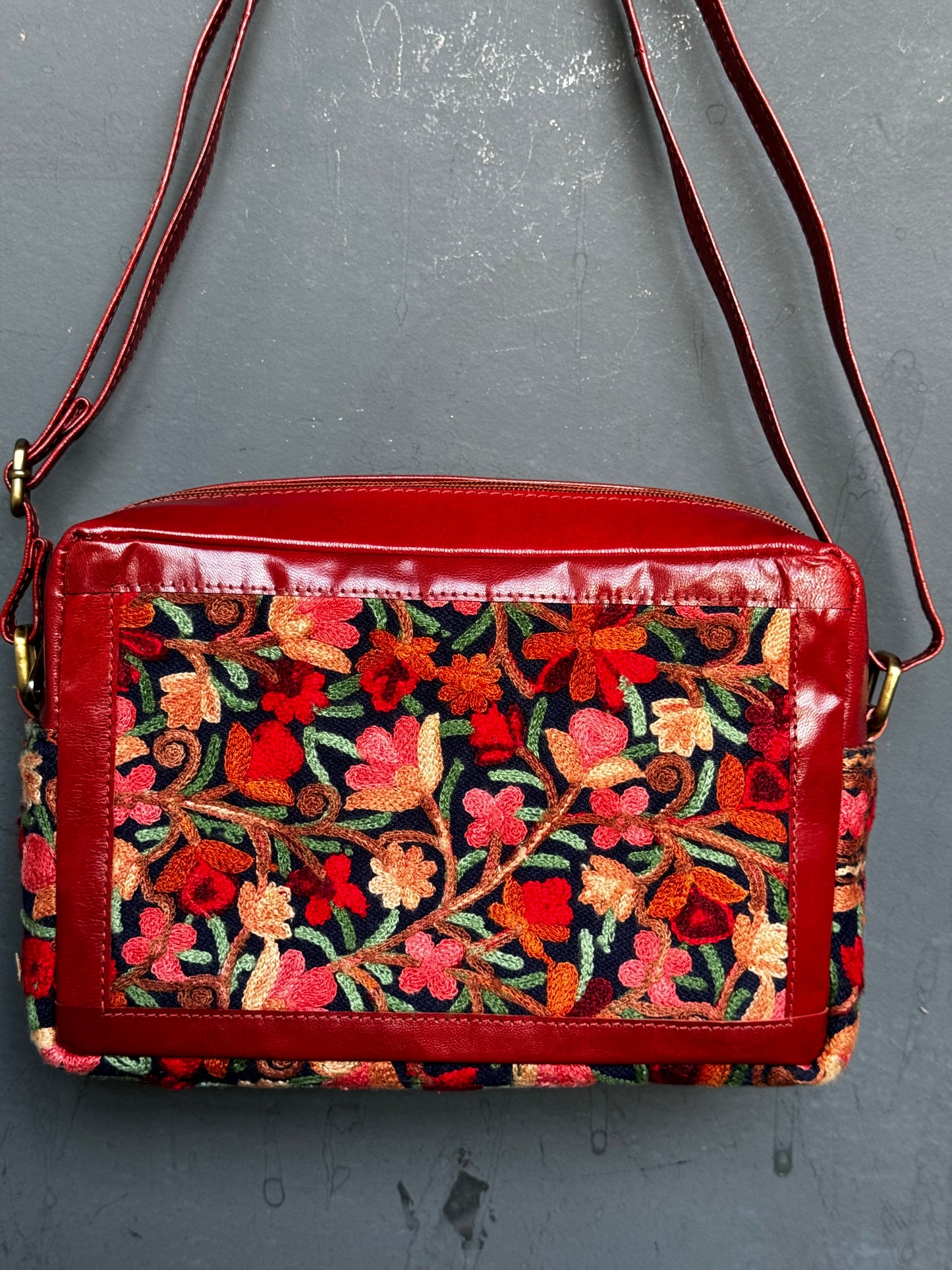 Black Kashmiri floral Aari embroidered rectangular leather box sling bag with adjustable length leather strap