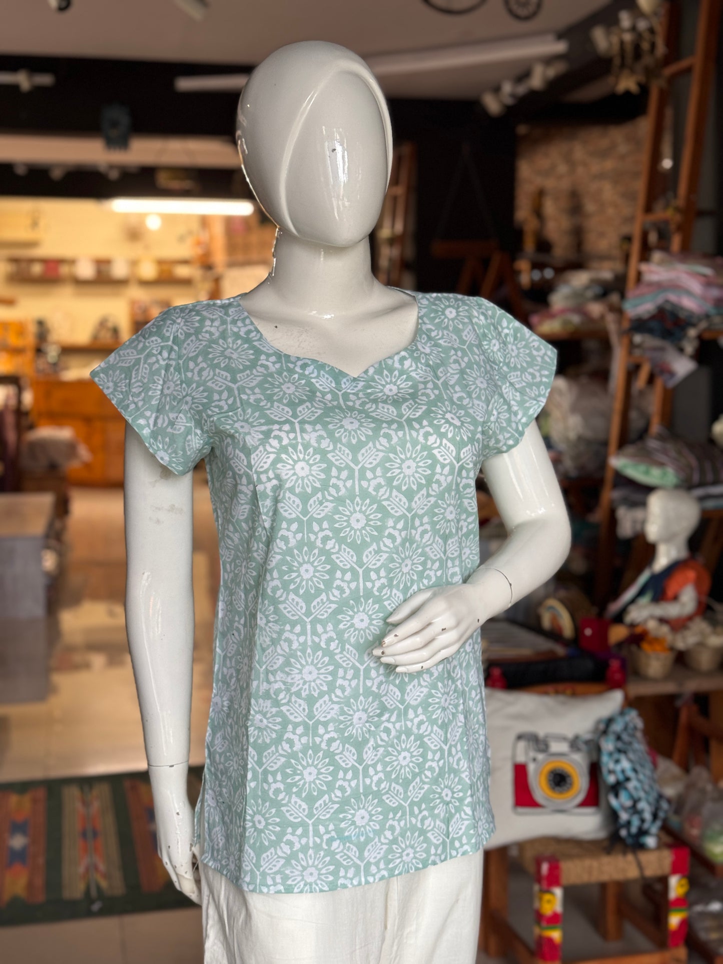 Pastel green floral hand block print cotton top