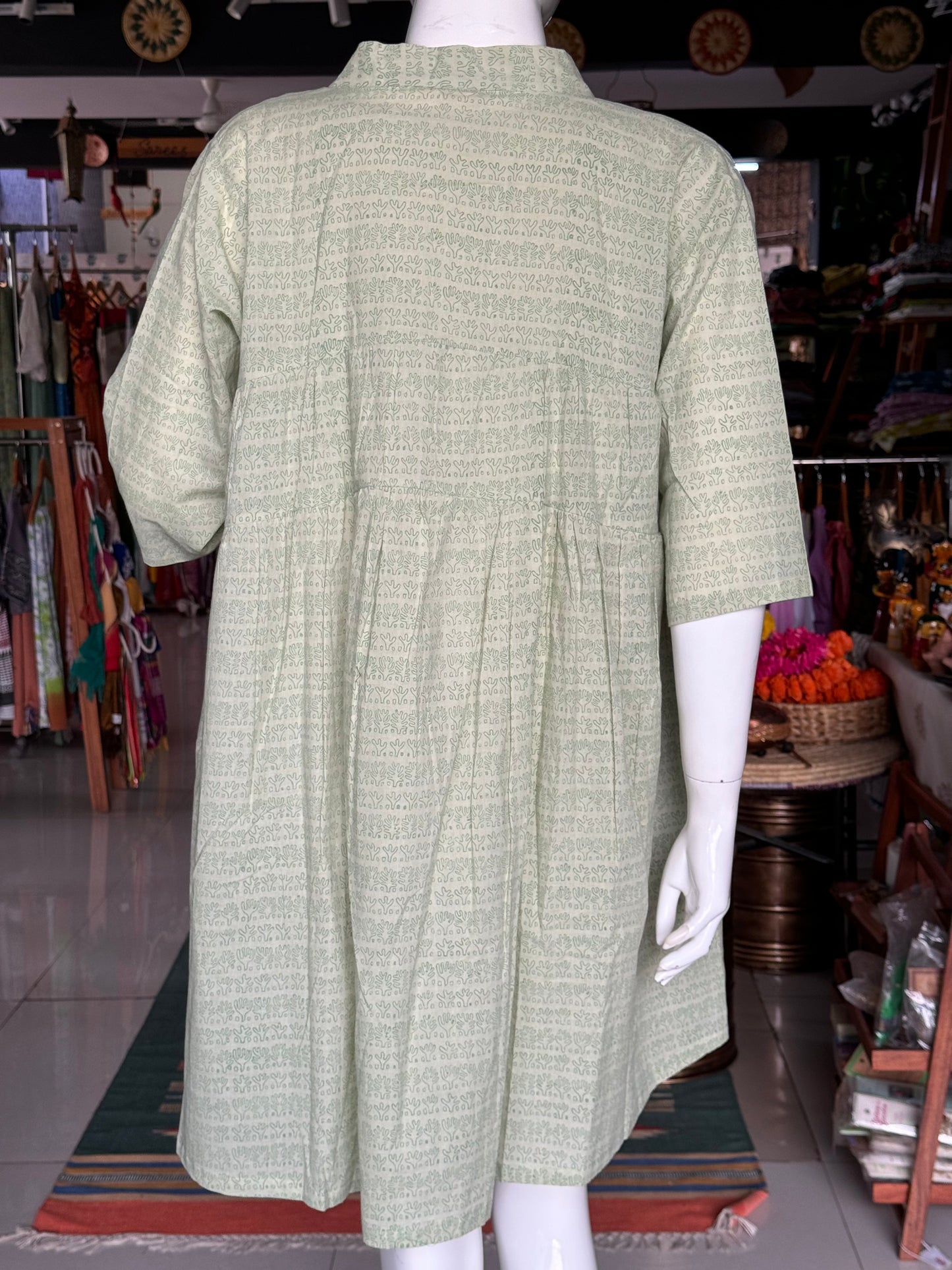 Light green cotton long jacket with plain inner - self design hand block printed