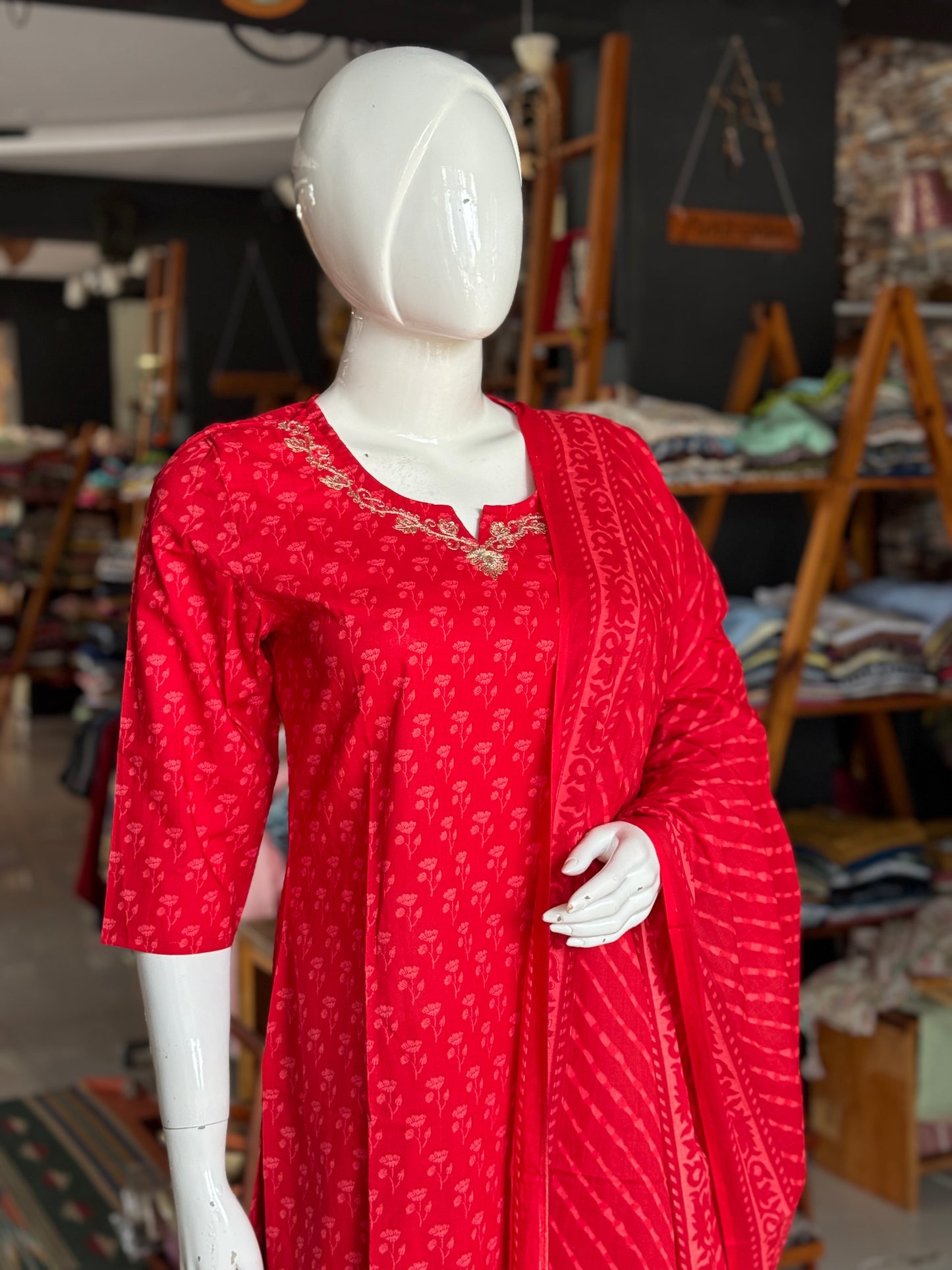 Red small print cotton embroidered straight kurti, pants and dupatta - 3 piece suit set