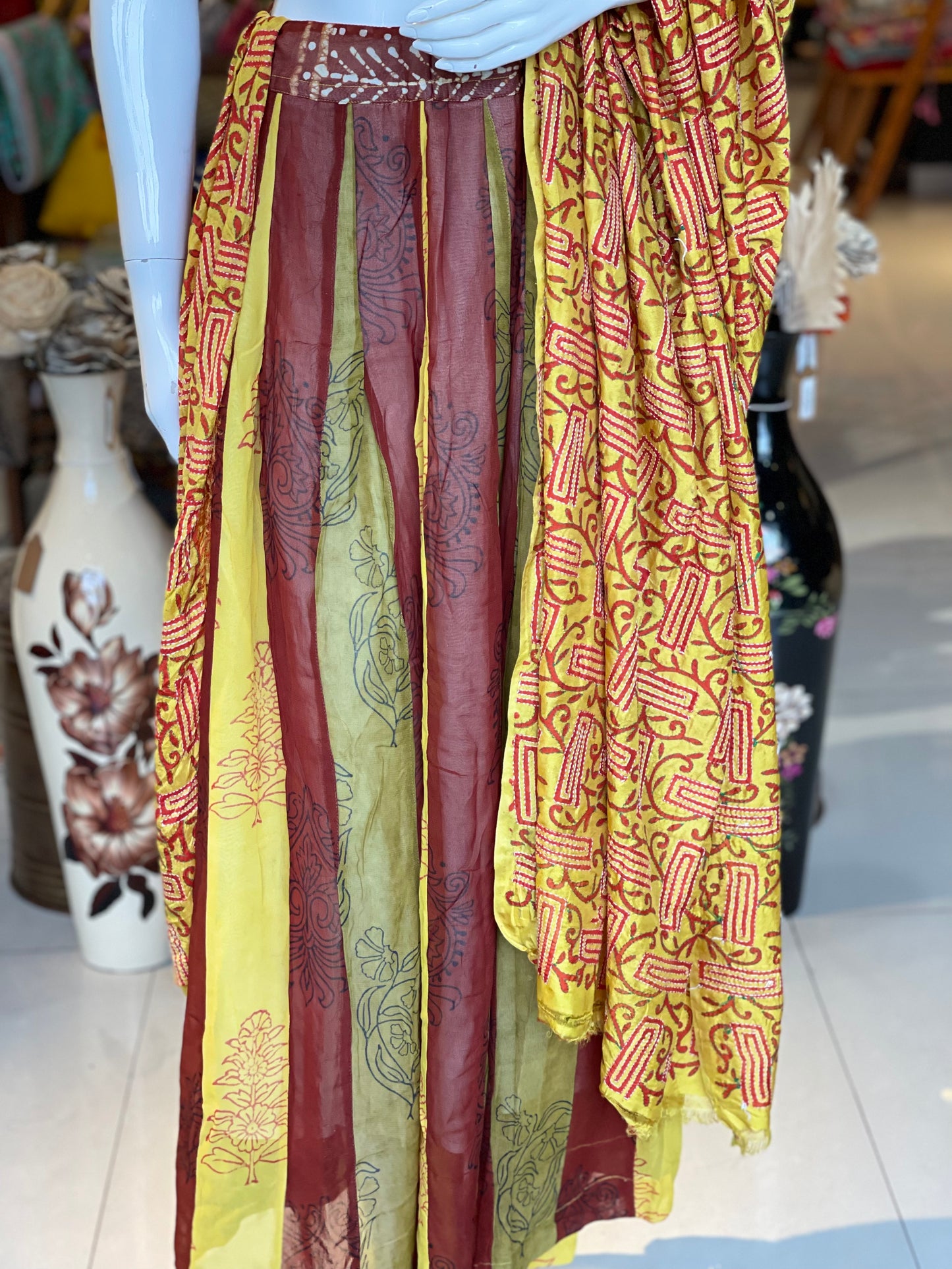 Yellow, brown and green kalis georgette free sized flared skirt