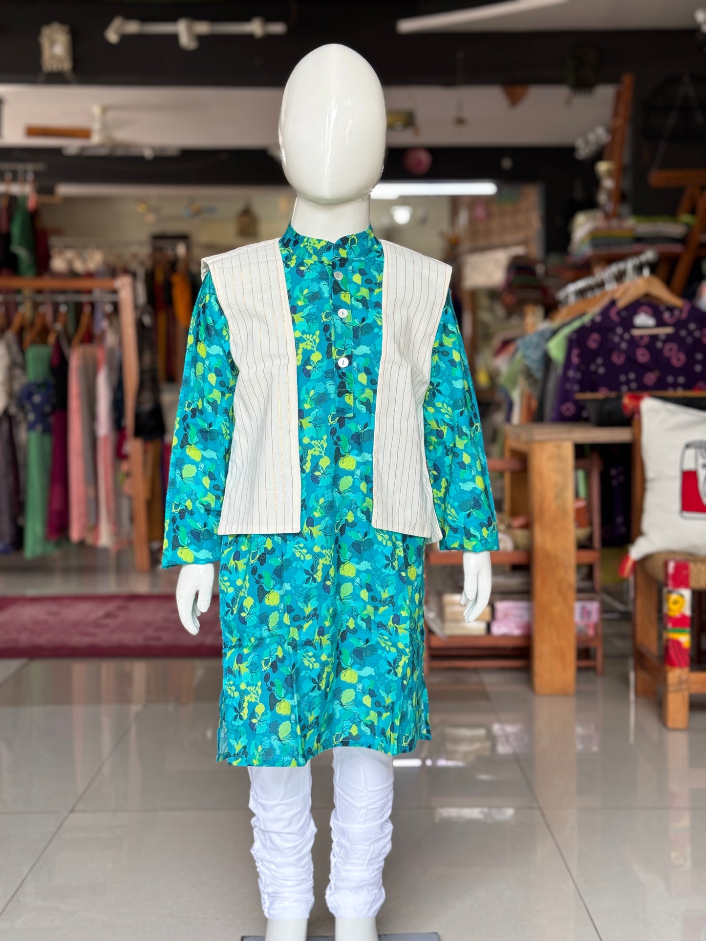Blue green cotton kurta, white chudi pants and lurex jacket - 3 piece ethnic set for boys