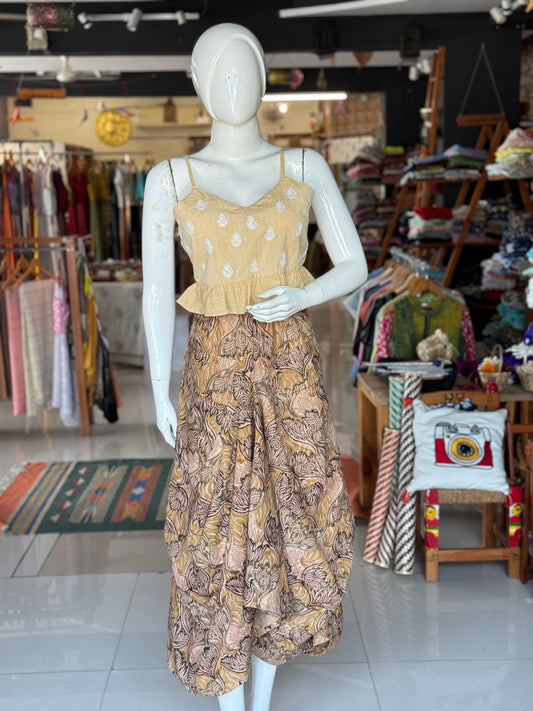 Wild flower beige Kalamkari hand block printed cotton designer skirt - with pockets