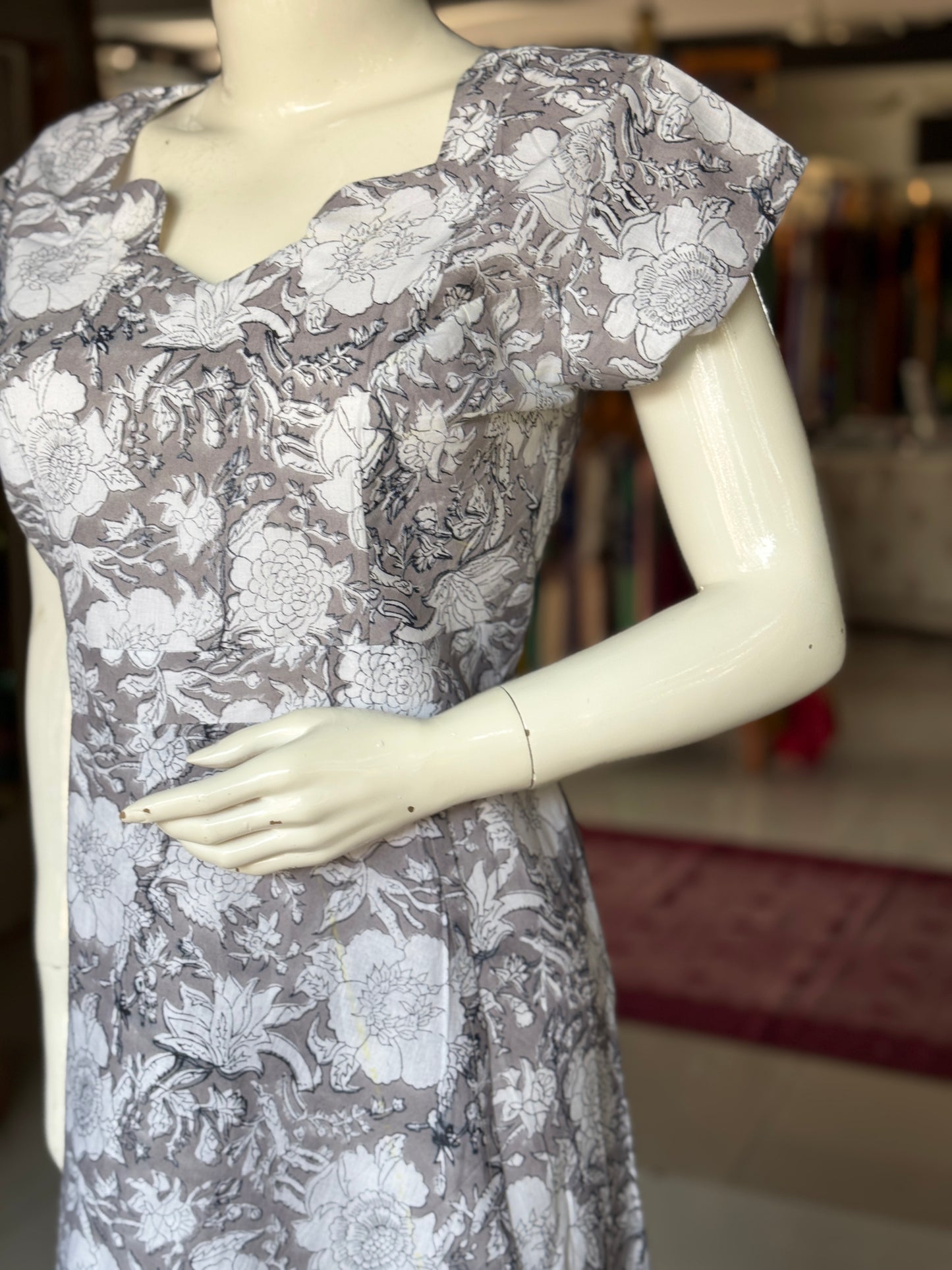 Grey floral hand block printed cotton dress with overlap skirt