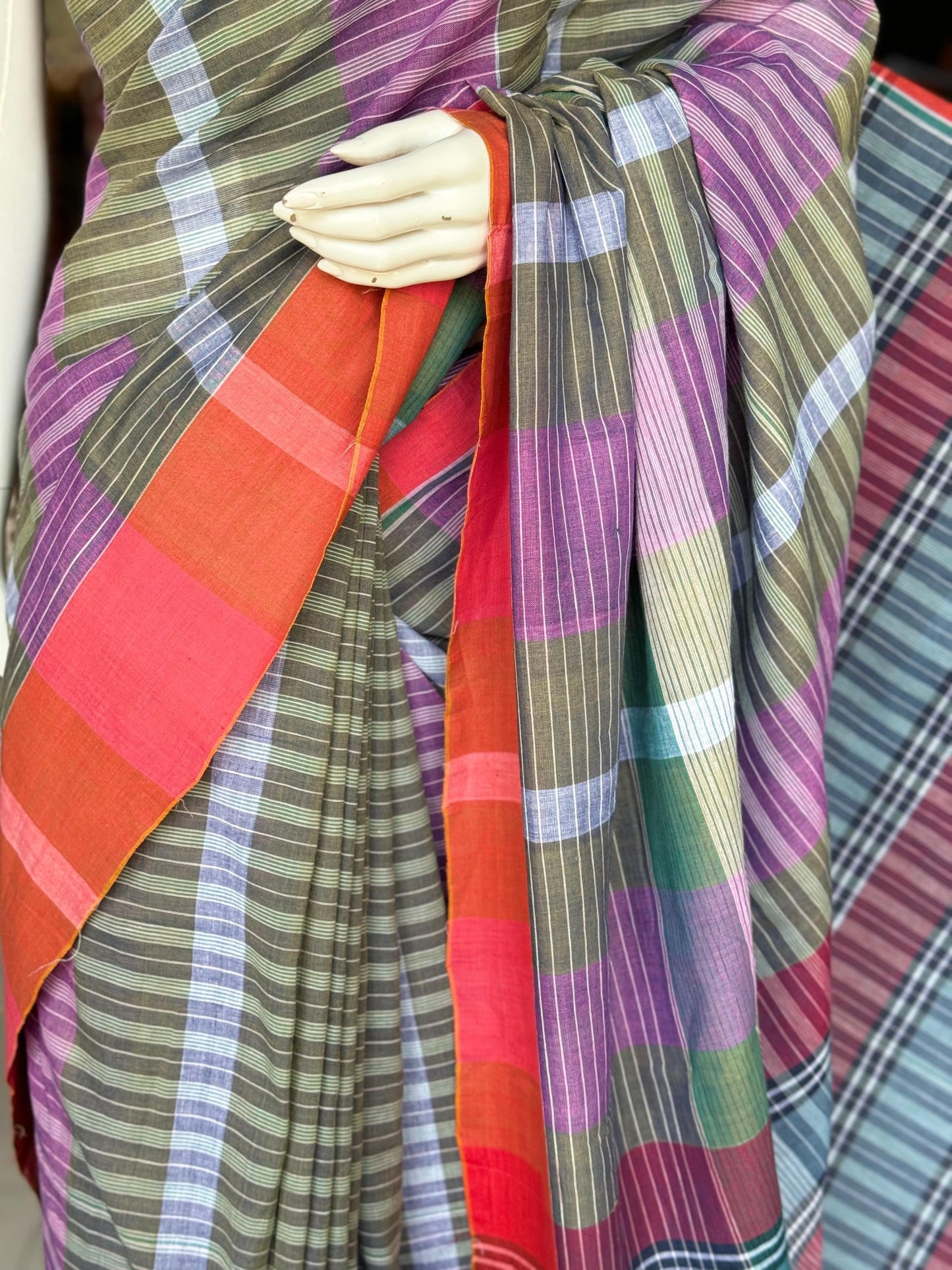 Purple and green gamcha style hand woven cotton saree