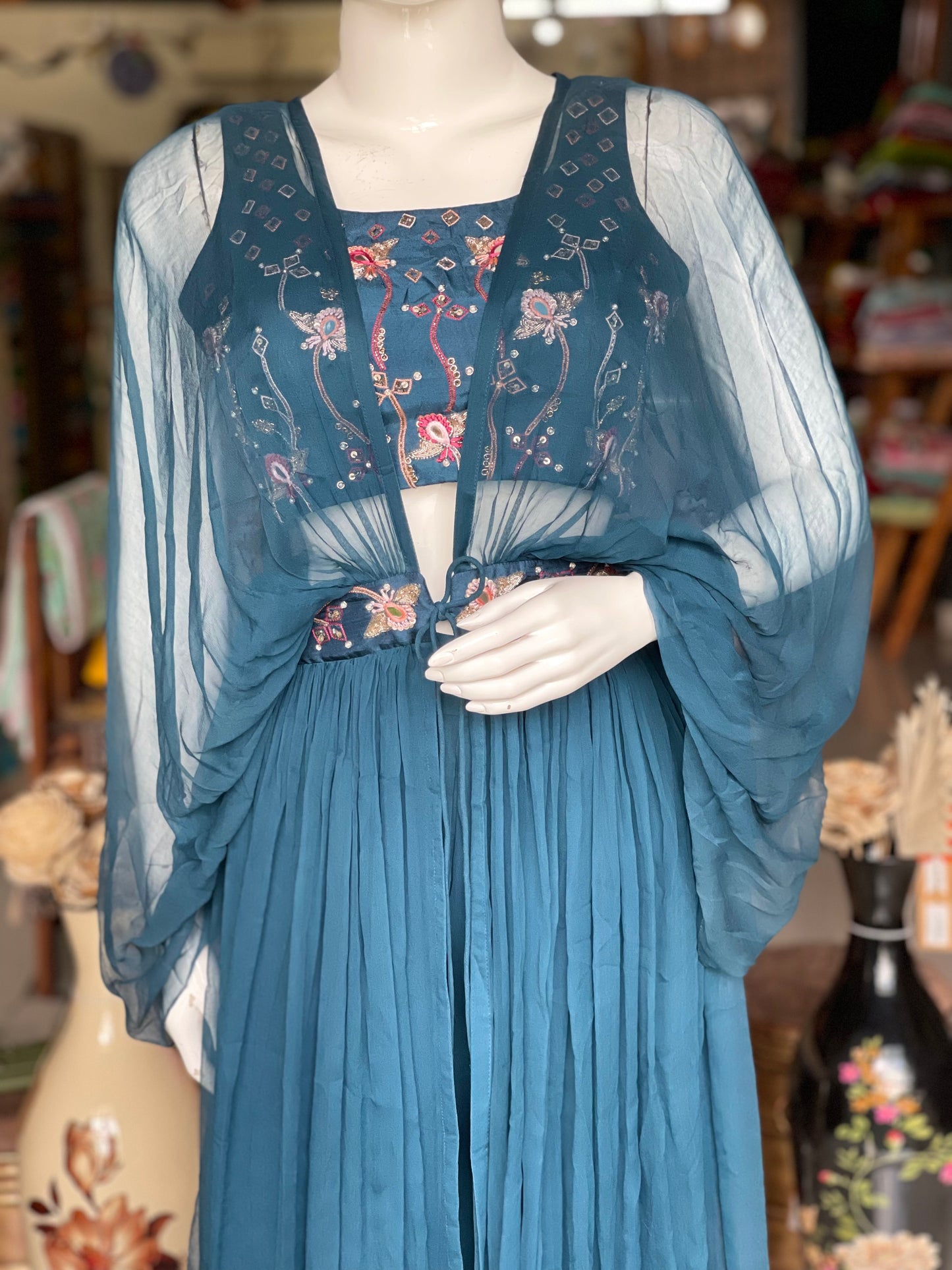 Teal silk crop top with georgette  hand embroidered fancy jacket, plazo set