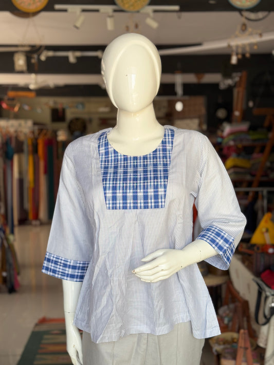 White stripes and blue ikat handloom cotton long sleeves tunic top for women