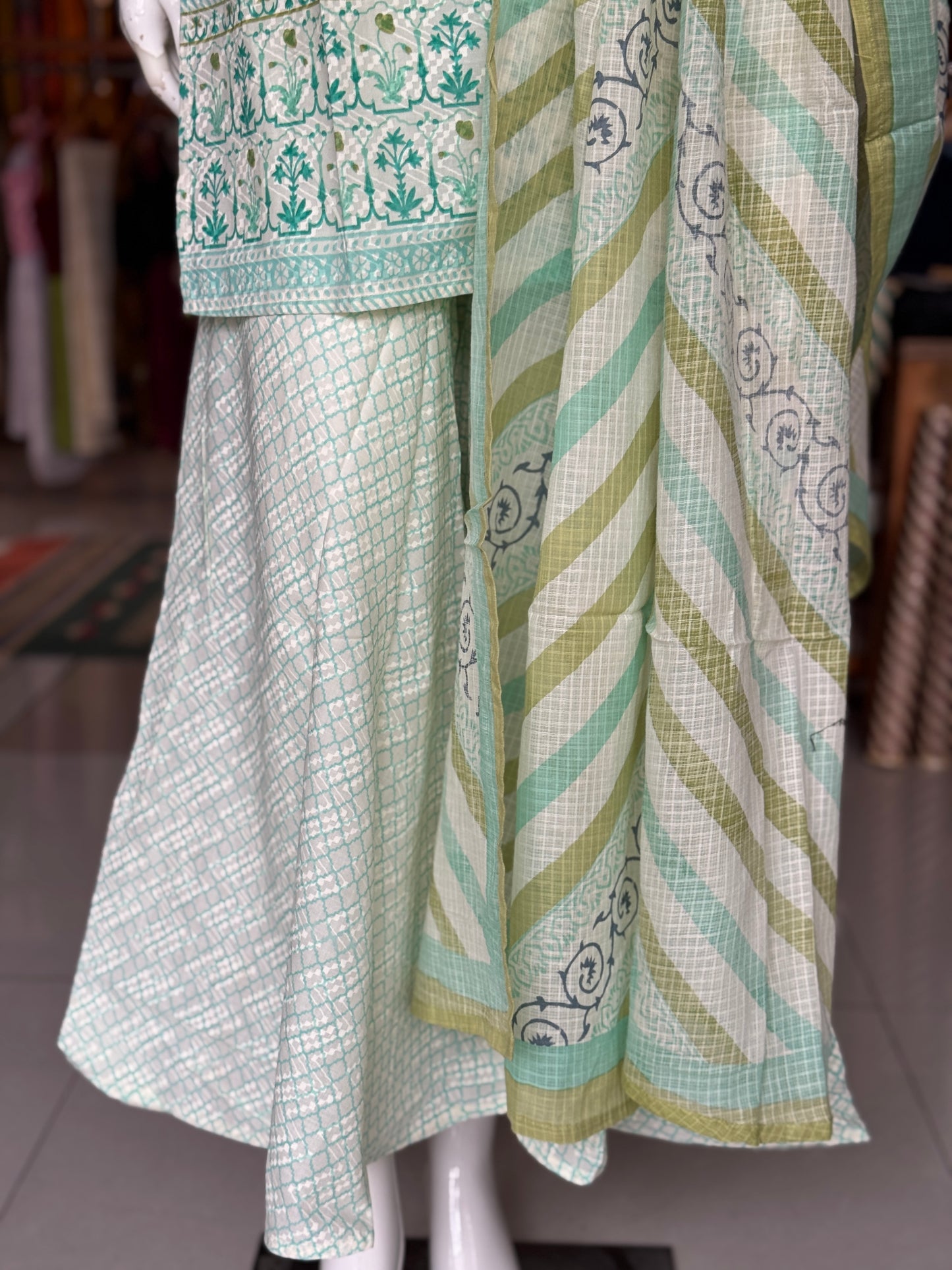 Green n white cotton short kurti, sharara pants and dupatta - 3 piece hand block printed set