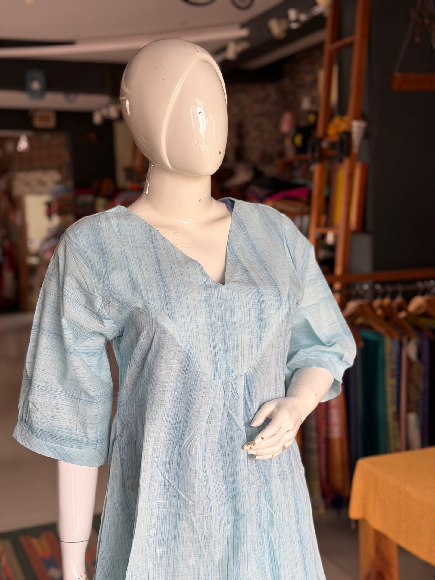 Light blue brush print handloom cotton kurti n pants coord set - 2 piece set