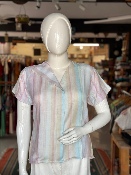 Pastel stripes handwoven soft textured cotton top with shoulder sleeves and asymmetric neckline