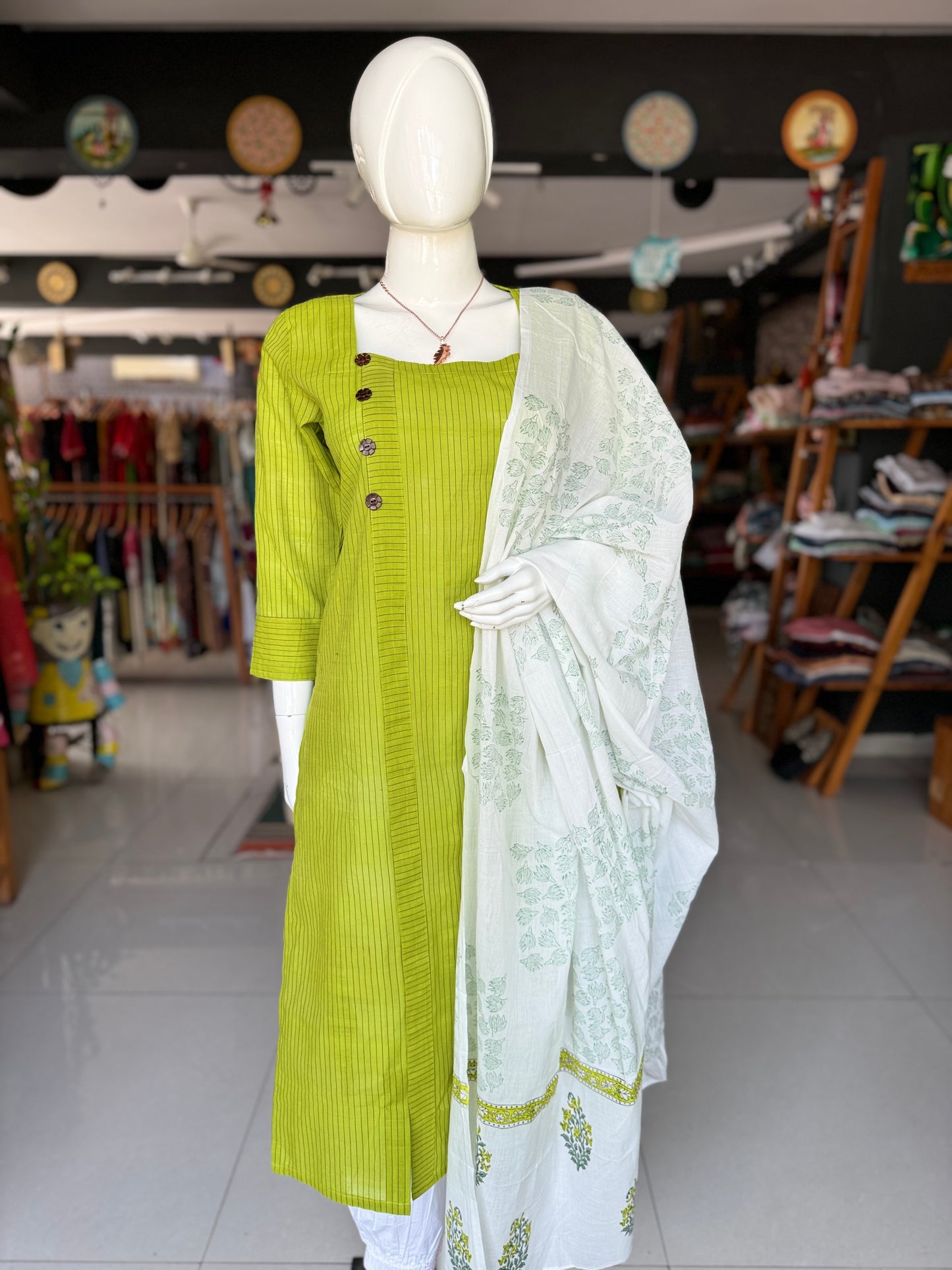 White and green soft cotton hand block printed dupatta