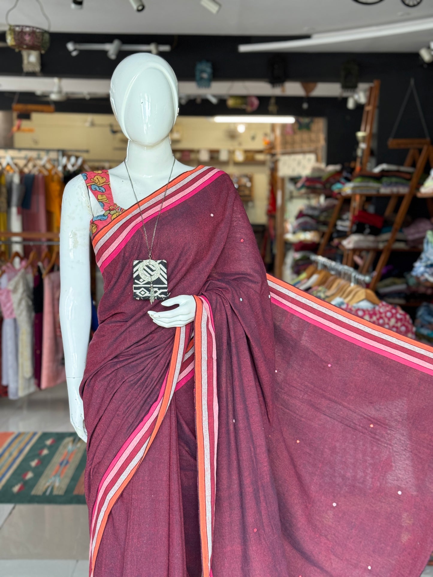 Kala cotton hand woven saree with mirror embroidery on palla and colorful borders - multiple shades available