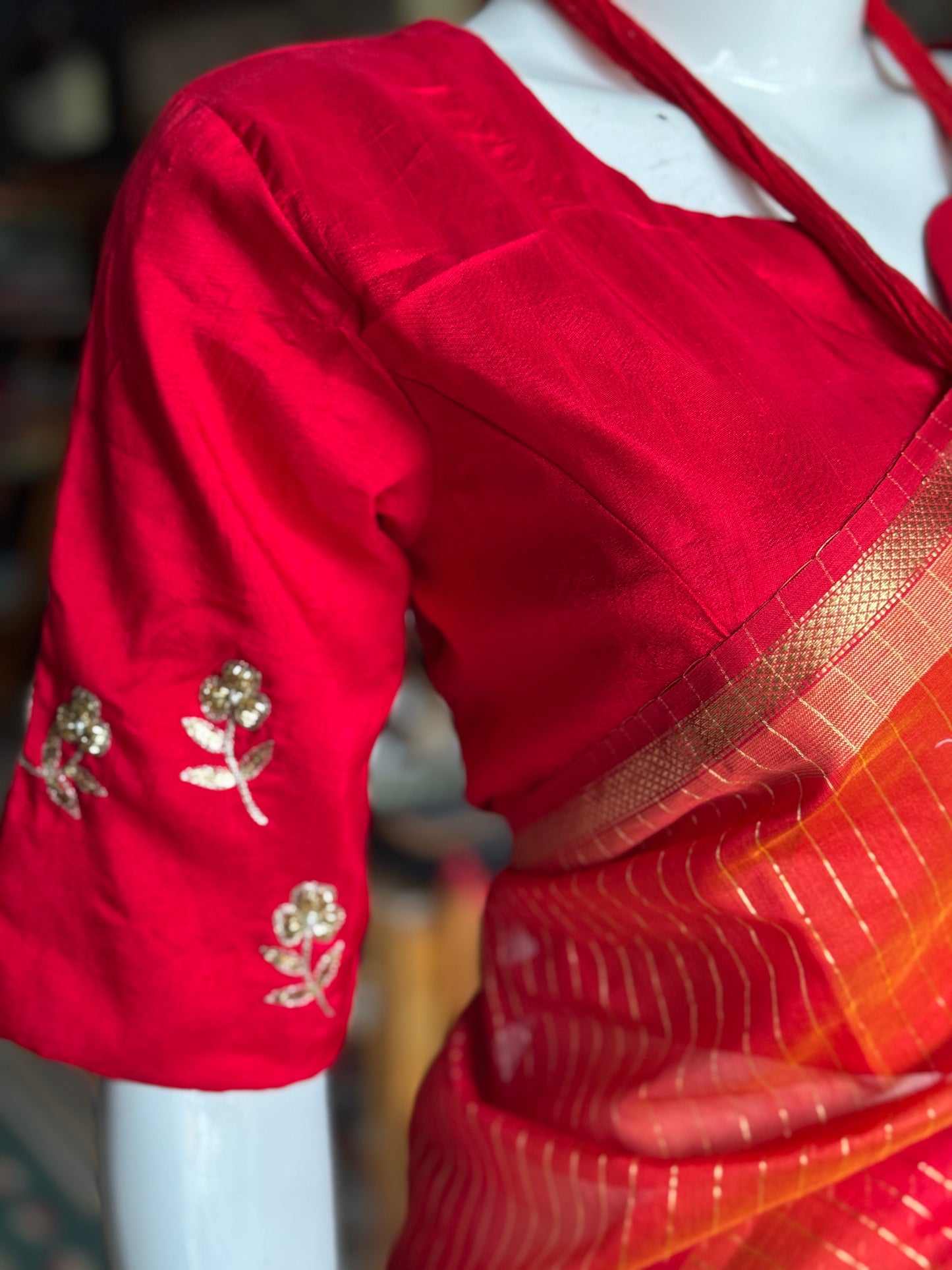 Birds and flowers hand embroidered on back and sleeves red silk blouse
