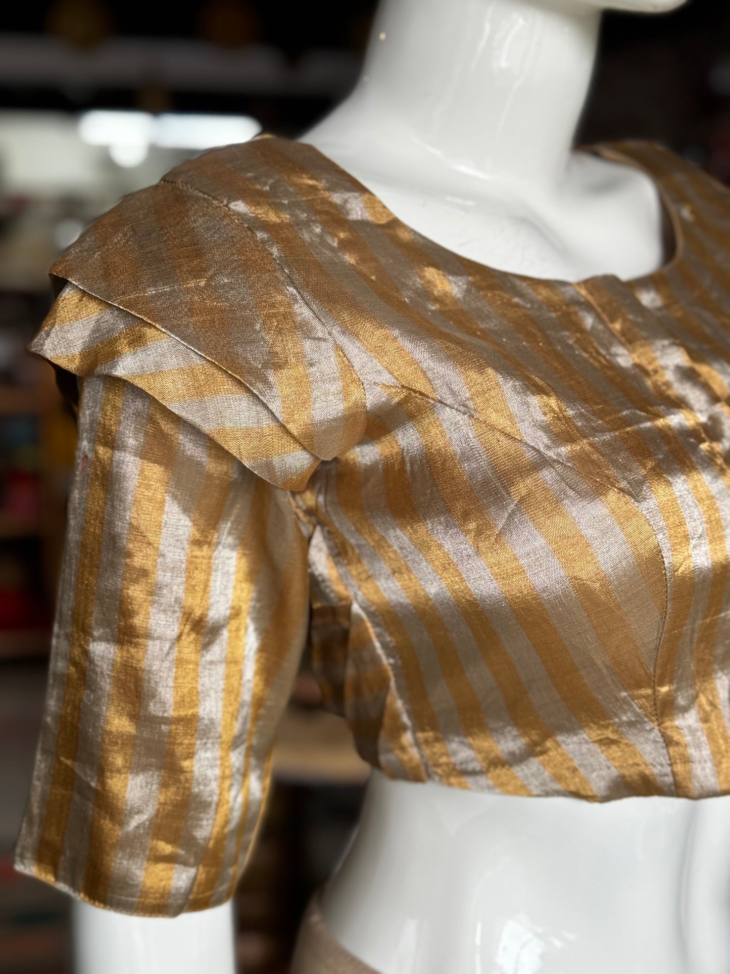 Gold and silver tissue silk Chanderi handloom blouse with pleats detailing at the back and sleeves