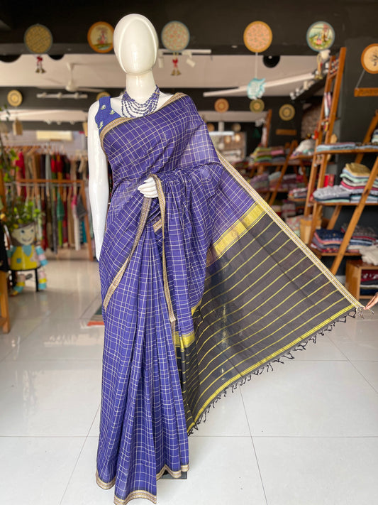 Blue handwoven checkered cotton saree with thread border and stripes palla