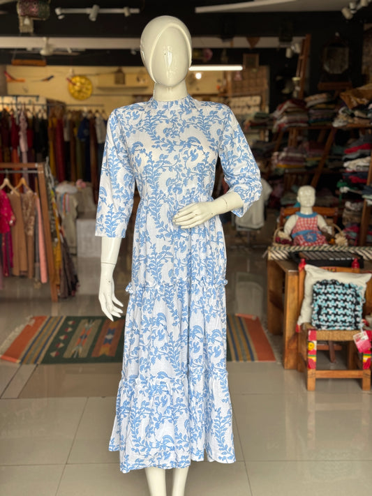 White n blue hand block printed cotton multi tiered dress