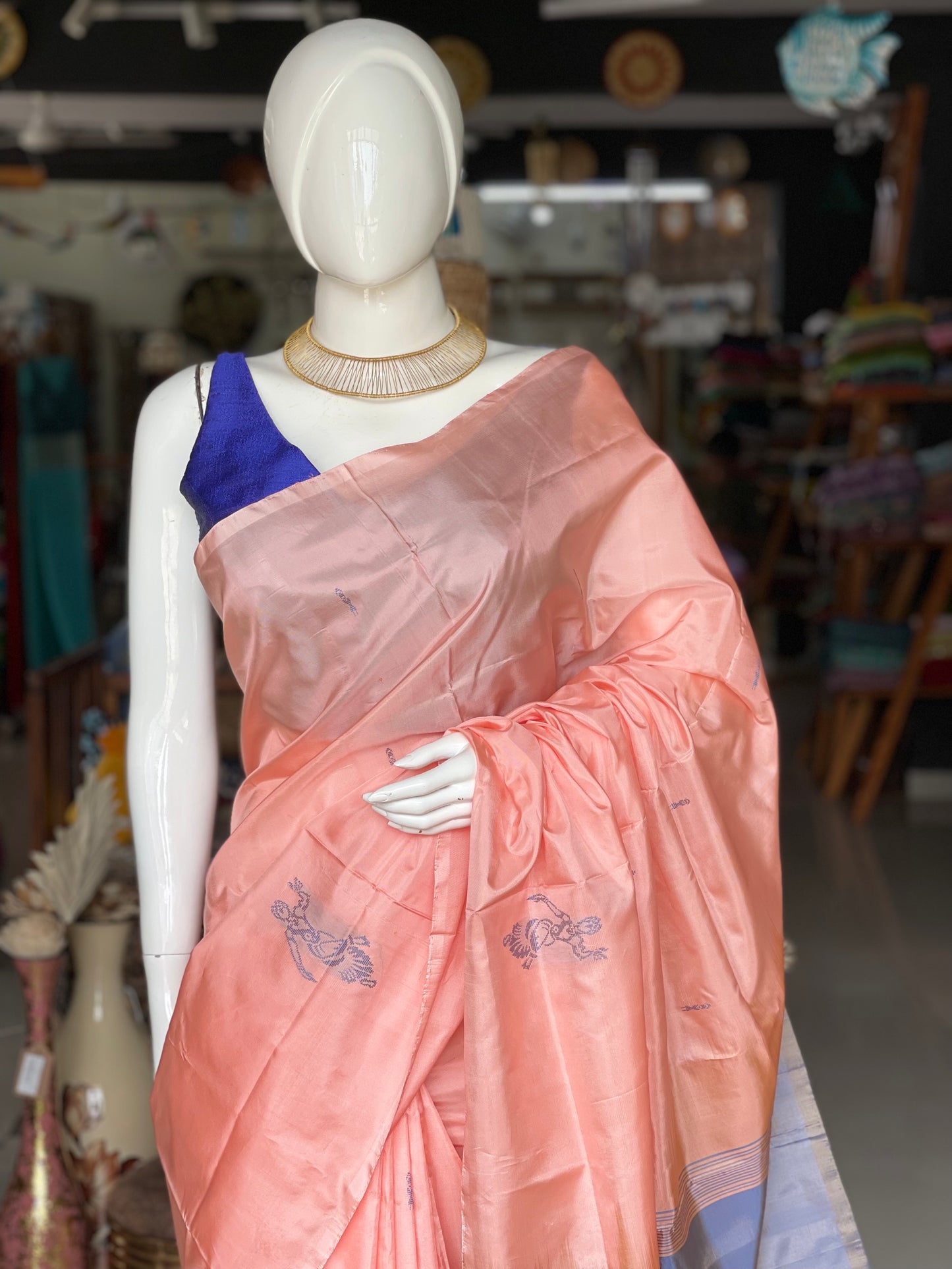 Peach classical dancer motif banana silk handloom saree