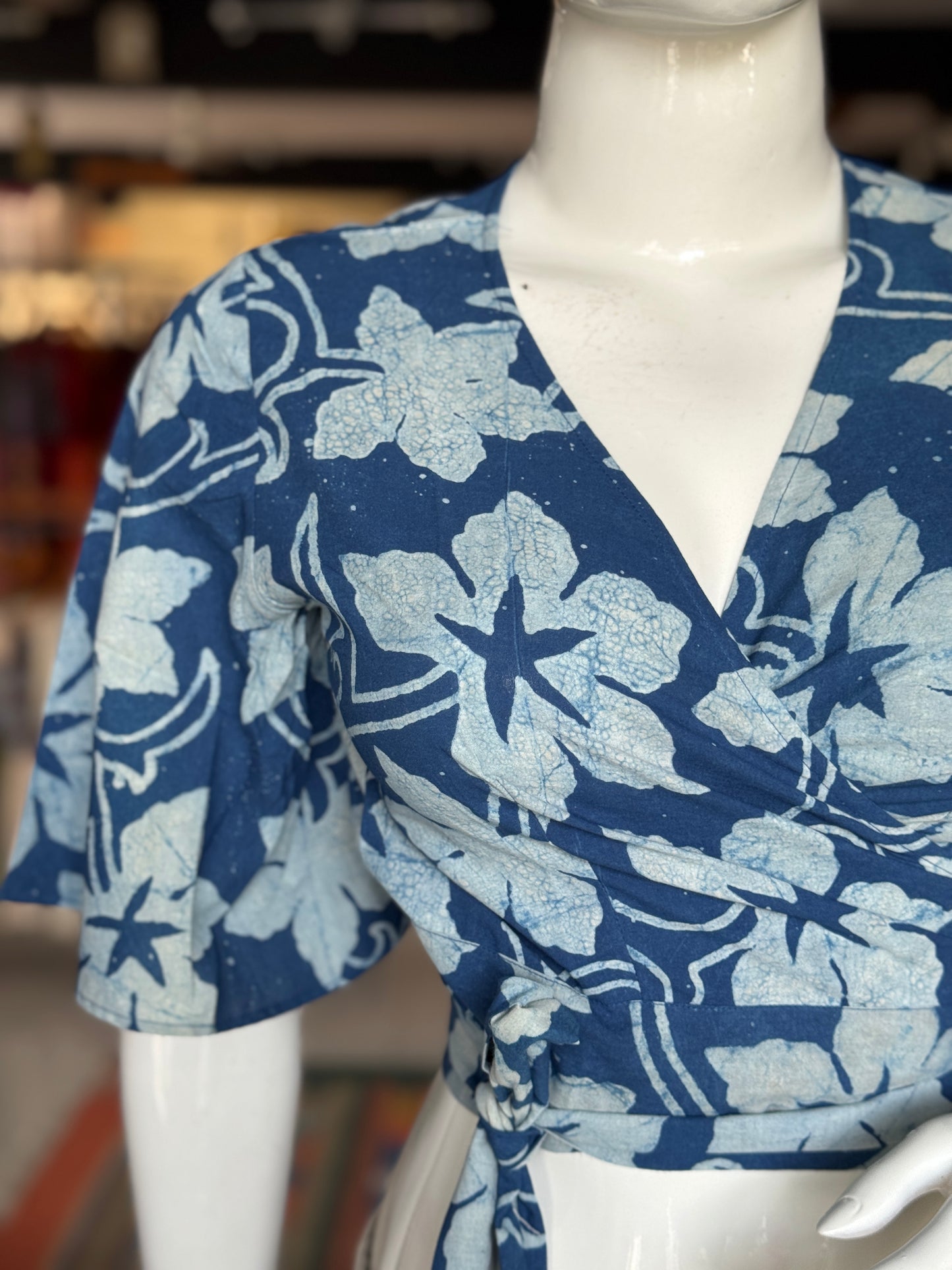 Wrap style free size cotton crop top blouse in natural dyed, hand block printed cotton