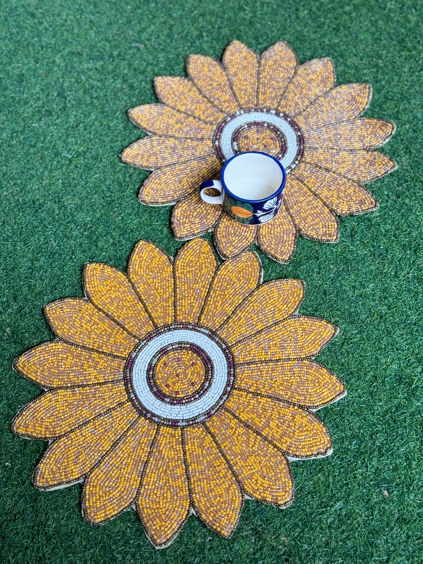 Yellow sunflower design beads handcrafted round placemat (single)