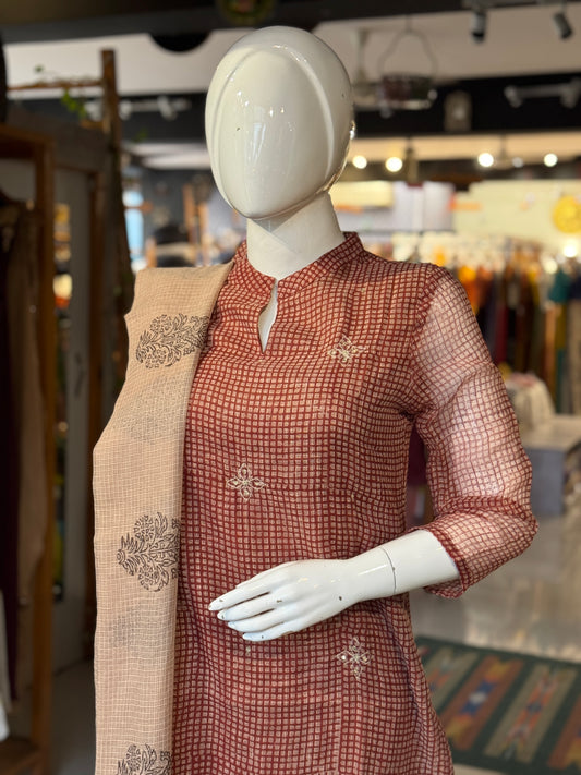 Rust checks print kota cotton straight kurti, pants and dupatta set - with hand embroidery
